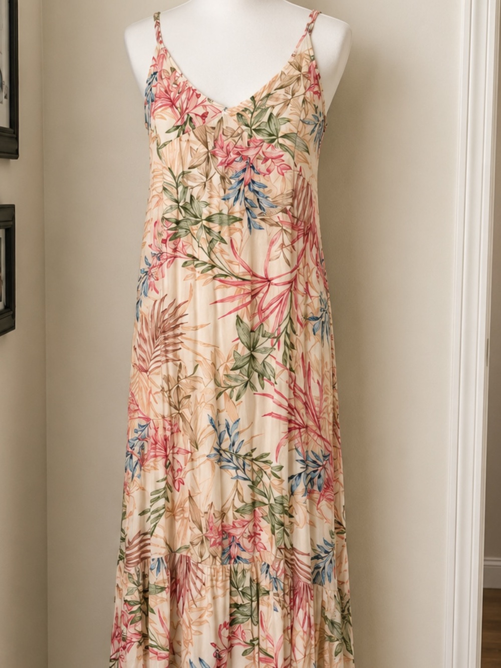 Hurley Floral V-Neck Spaghetti-Strap Maxi Dress in Cream, Pink, Green, Blue